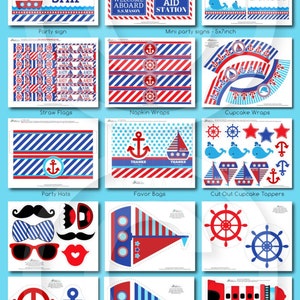 Nautische VERJAARDAG Party afdrukbaar pakket & uitnodiging, allemaal aan boord van de 1e verjaardag, zeilboot verjaardagsuitnodiging, zeilfeest decor afbeelding 10