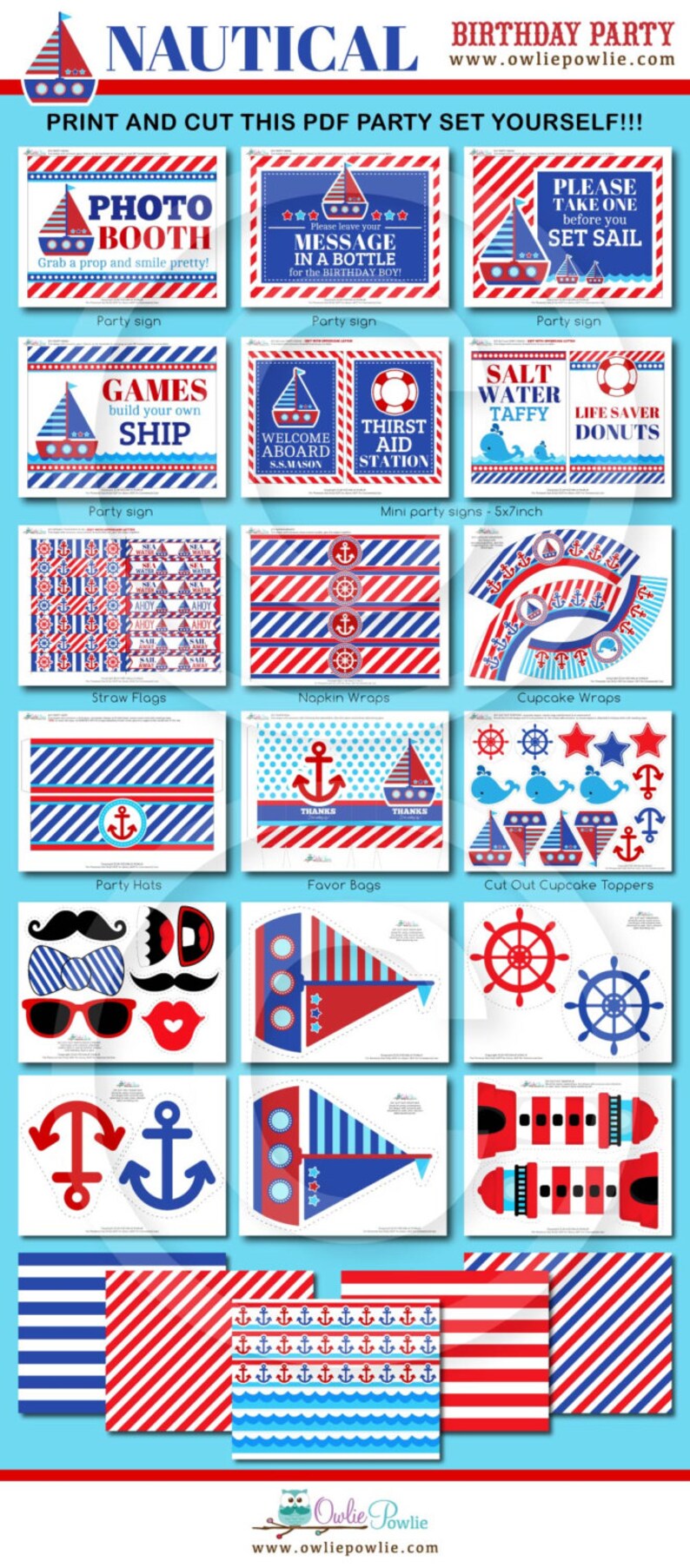 Nautische VERJAARDAG Party afdrukbaar pakket & uitnodiging, allemaal aan boord van de 1e verjaardag, zeilboot verjaardagsuitnodiging, zeilfeest decor afbeelding 10