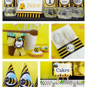 May include: A Bumble Bee themed birthday party with decorations, food, and party favors. The decorations include yellow and black striped tablecloths, bee-shaped party hats, and a photo booth with props. The food includes honey cakes, bumble juice, and honey jars. The party favors include bee-shaped cookies and bee-themed party favors.