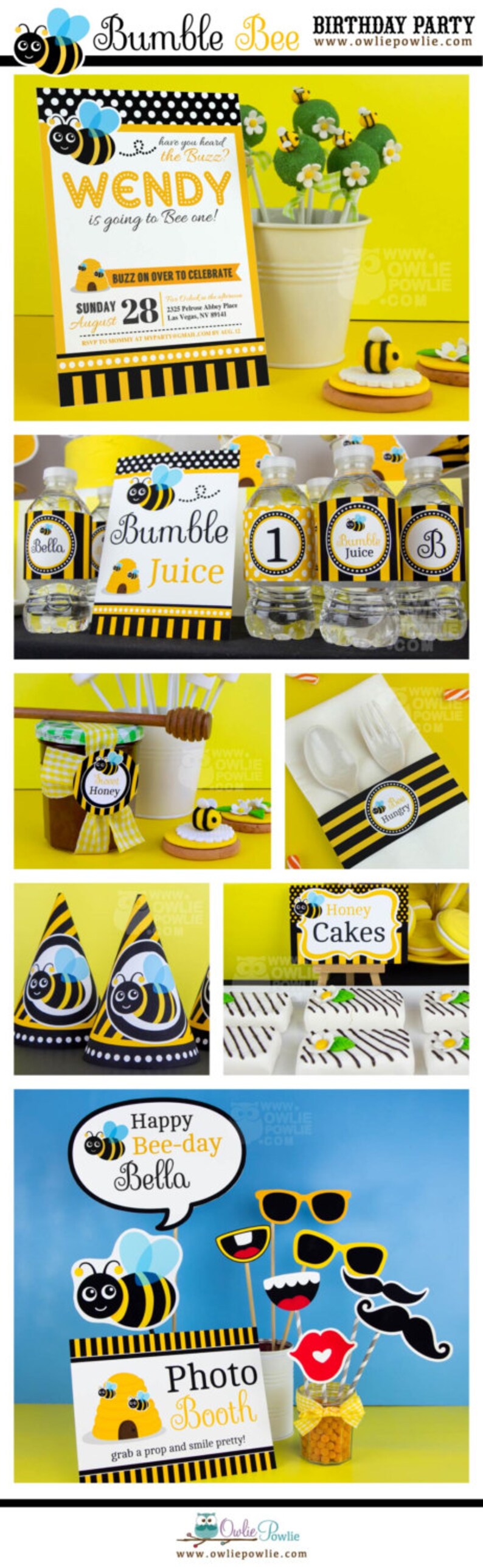 May include: A Bumble Bee themed birthday party with decorations, food, and party favors. The decorations include yellow and black striped tablecloths, bee-shaped party hats, and a photo booth with props. The food includes honey cakes, bumble juice, and honey jars. The party favors include bee-shaped cookies and bee-themed party favors.