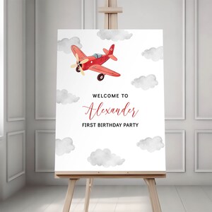 Editable Red Airplane welcome sign template, Modern airplane Birthday Decorations, up up and away party, Boys birthday, Instant Download