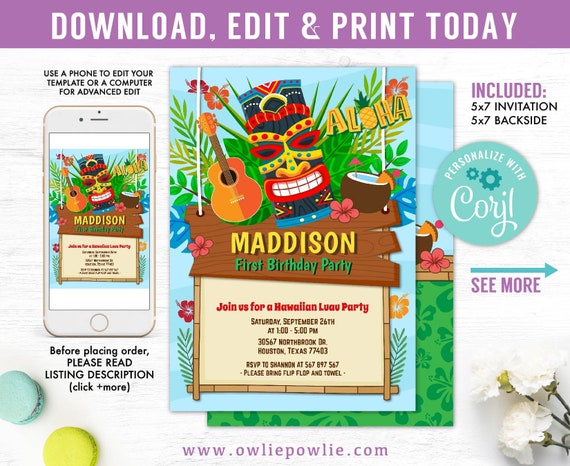 Luau Party Invitations, Luau Birthday Invitations, Adult Luau Invitation, Luau Invitation, Hawaiian Invitation printables instant download Il_570xn
