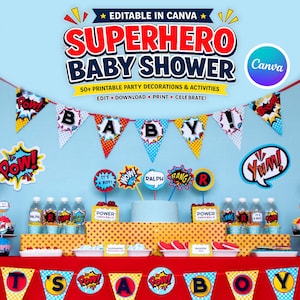 May include: A superhero baby shower party decoration set featuring printable banners, cupcake toppers, and labels with comic book style graphics, text including "SUPERHERO BABY SHOWER", "POW", "BOOM", "YUM", and "IT'S A BOY" in red, blue, and yellow.