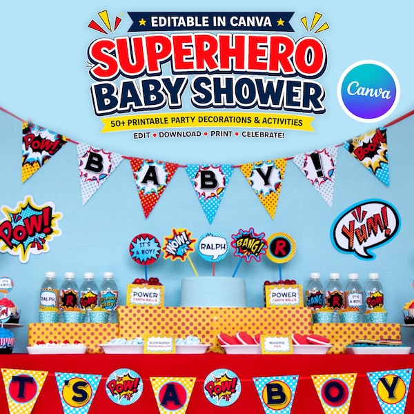 Bearbeitbares Superheld-Baby-Dusche-Party-Bundle, Canva-Einladung, Dekorationen (Digitaler Download)