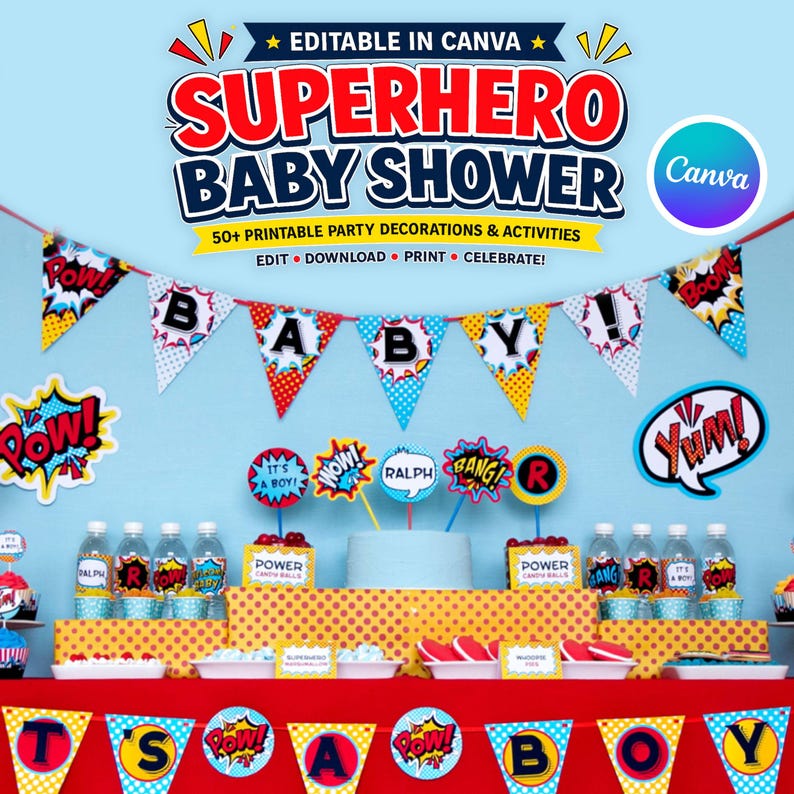May include: A superhero baby shower party decoration set featuring printable banners, cupcake toppers, and labels with comic book style graphics, text including "SUPERHERO BABY SHOWER", "POW", "BOOM", "YUM", and "IT'S A BOY" in red, blue, and yellow.