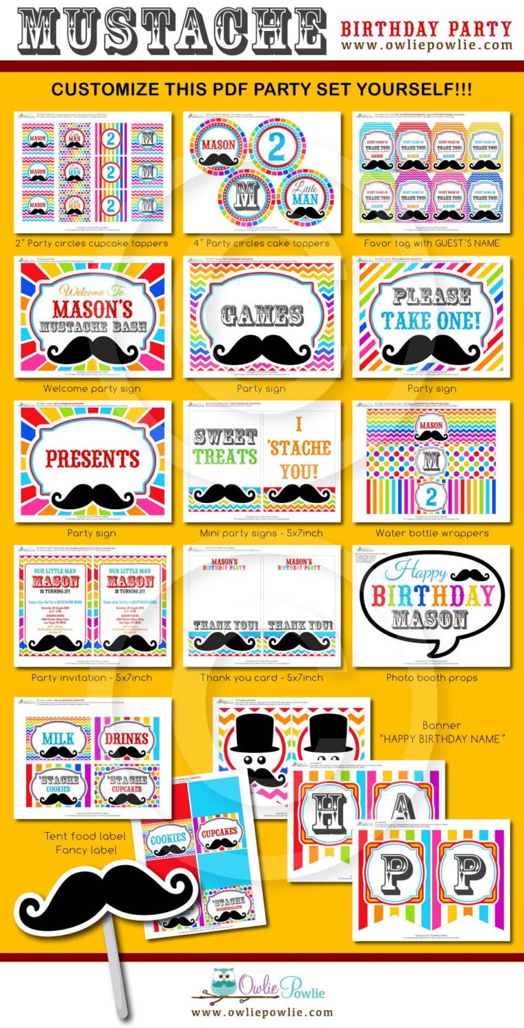 Mustache BIRTHDAY Party Printable Package &amp; Invitation | Etsy