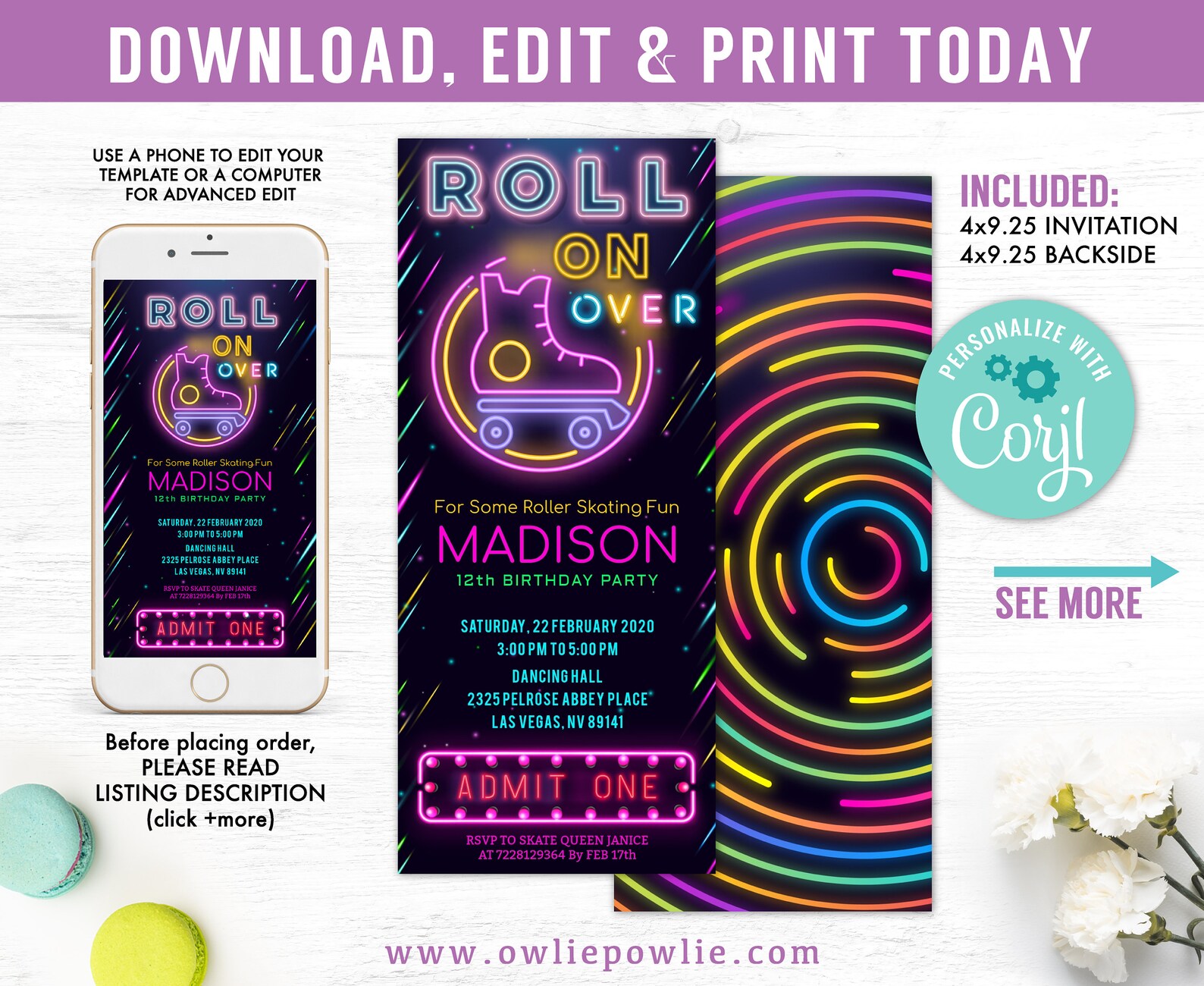 Glow Roller Skating Ticket Invitation EDITABLE Roller Skate Etsy