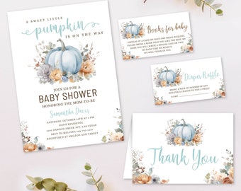 Editable Boy Blue Pumpkin Baby Shower Invitation Bundle, Fall Rustic Floral Pumpkin Baby Shower Invite set, Little Pumpkin Baby Shower corjl