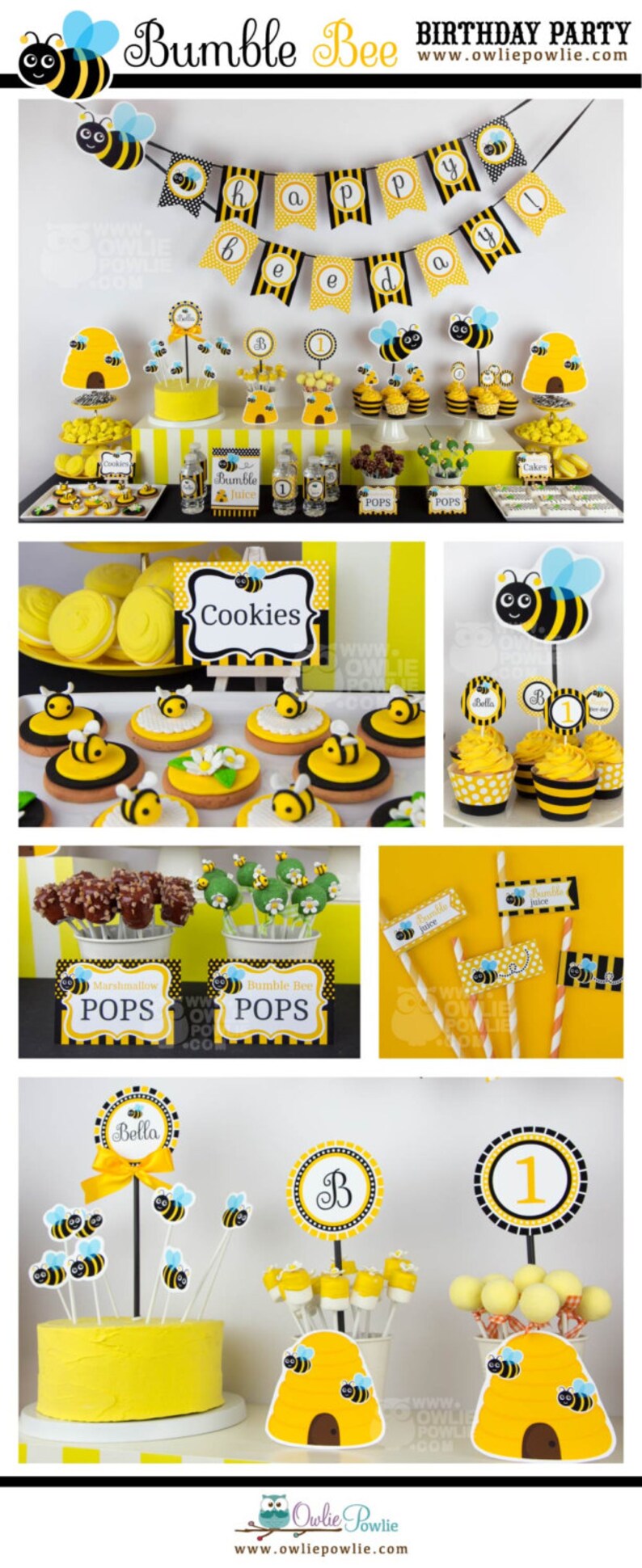 May include: A yellow and black bumble bee themed birthday party with a cake, cupcakes, cookies, and pops. The cake is decorated with a beehive and bees. The cupcakes are decorated with bees and the number 1. The cookies are decorated with bees. The pops are decorated with bees and flowers. The banner says "Happy Birthday".