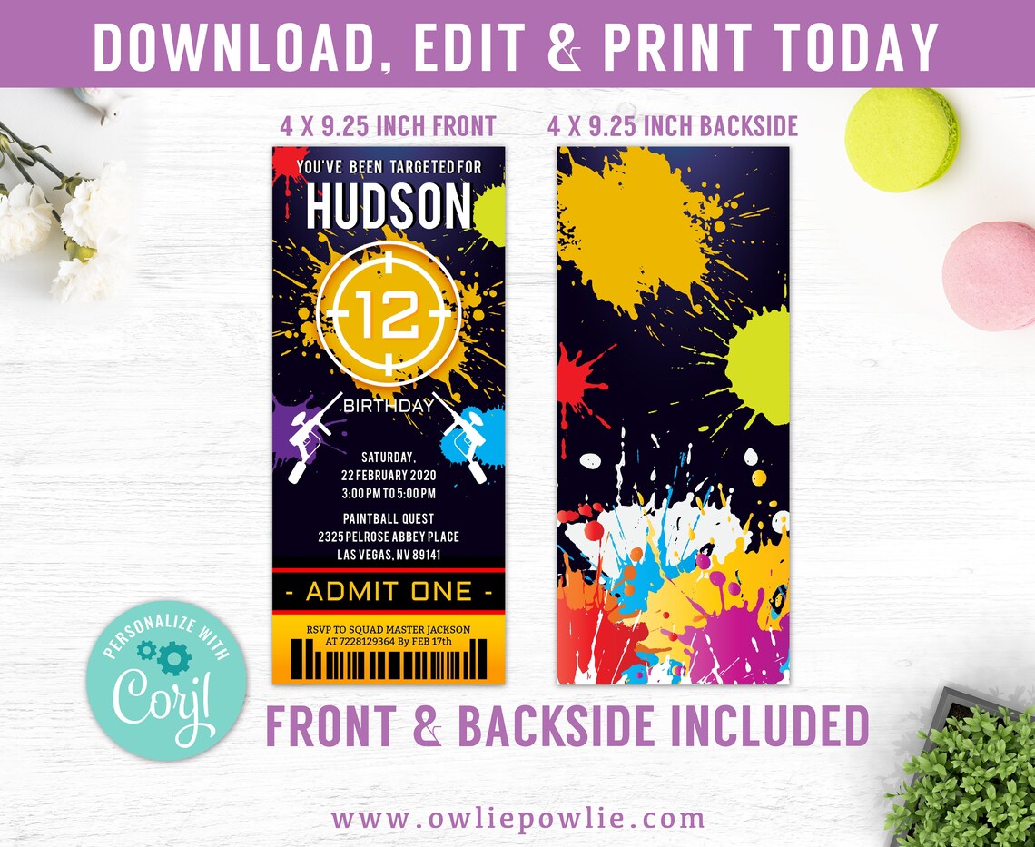 Paintball Party Ticket Invitation EDITABLE Paintball Birthday Etsy
