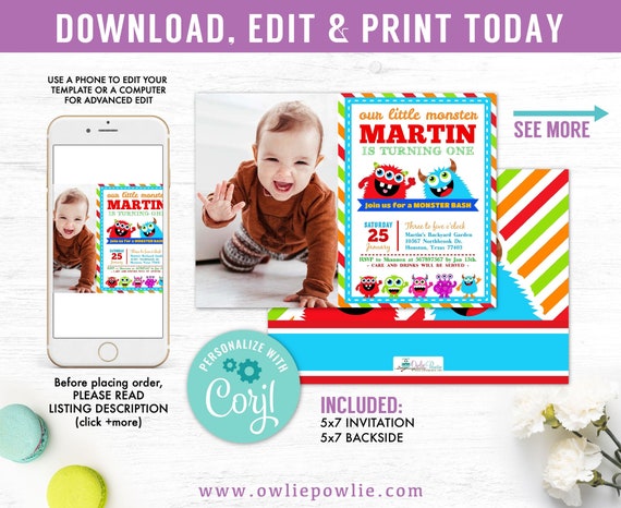 Monster Birthday Photo Invitation Party Printable Template, monster bash 1st birthday, little monster birthday, monster invitation Il_570xn