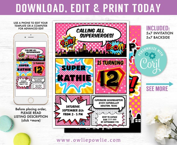 Pink Superhero Invitation, Superhero Birthday Party,Comic Book Invitation,EDITABLE Birthday Invitation, Instant download Printable Digitals Il_570xn