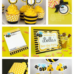 May include: A set of printable party decorations for a first birthday party with a bumble bee theme. The decorations include a banner, cupcake toppers, favor bags, and a welcome sign. The colors are yellow, black, and white.