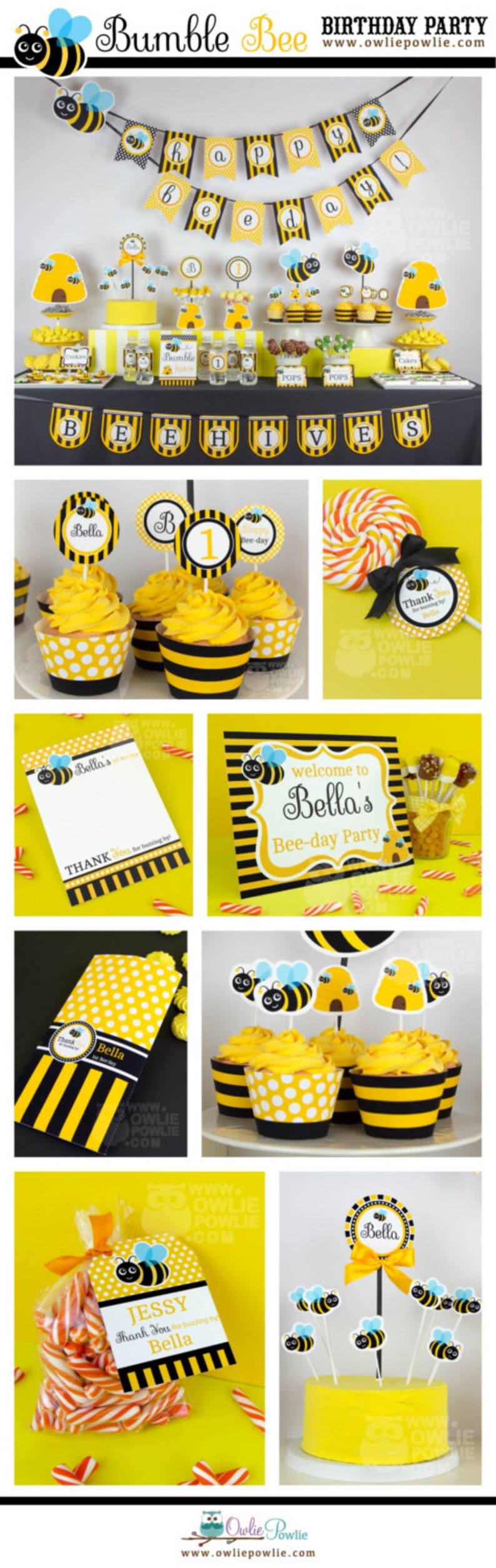 May include: A set of printable party decorations for a first birthday party with a bumble bee theme. The decorations include a banner, cupcake toppers, favor bags, and a welcome sign. The colors are yellow, black, and white.