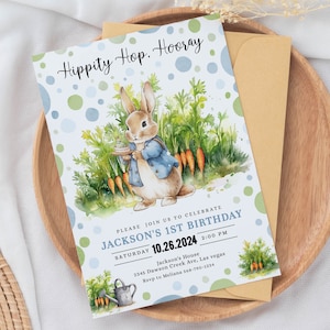 Invito di compleanno modificabile di Peter Rabbit Boy Blue Rustic Peter Rabbit Invito per il primo compleanno Modelli stampabili digitali ad acquerello Corjl