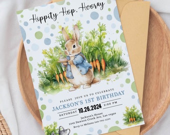 Editable Peter Rabbit Birthday Invitation Boy Blue Rustic Peter Rabbit 1st Birthday Invite Watercolor Digital Printable Templates Corjl