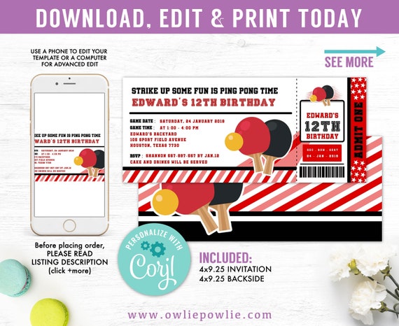 Ping Pong ticket party invitation, EDITABLE printable, table tennis birthday invitations, ping pong party invite, ping pong birthday party Il_570xn