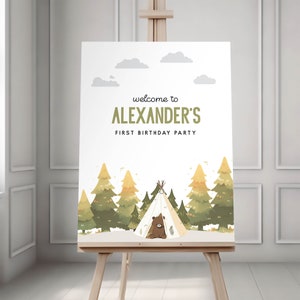 Happy Camper welcome sign template, One Happy Camper, Camping Bear Birthday, Brown Bear Party, Editable Digital Template Instant Download