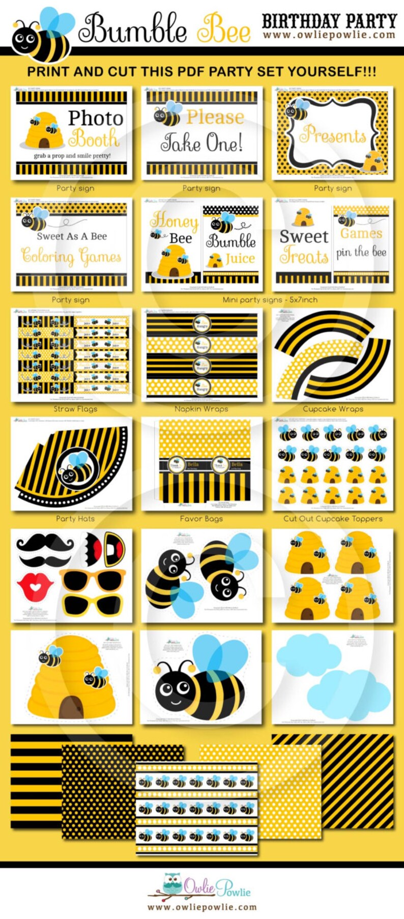 May include: Printable party decorations for a bumble bee themed birthday party. The set includes a photo booth sign, party signs, cupcake toppers, favor bags, napkin wraps, straw flags, and more. The decorations feature a yellow and black striped pattern with a cute bumble bee illustration.