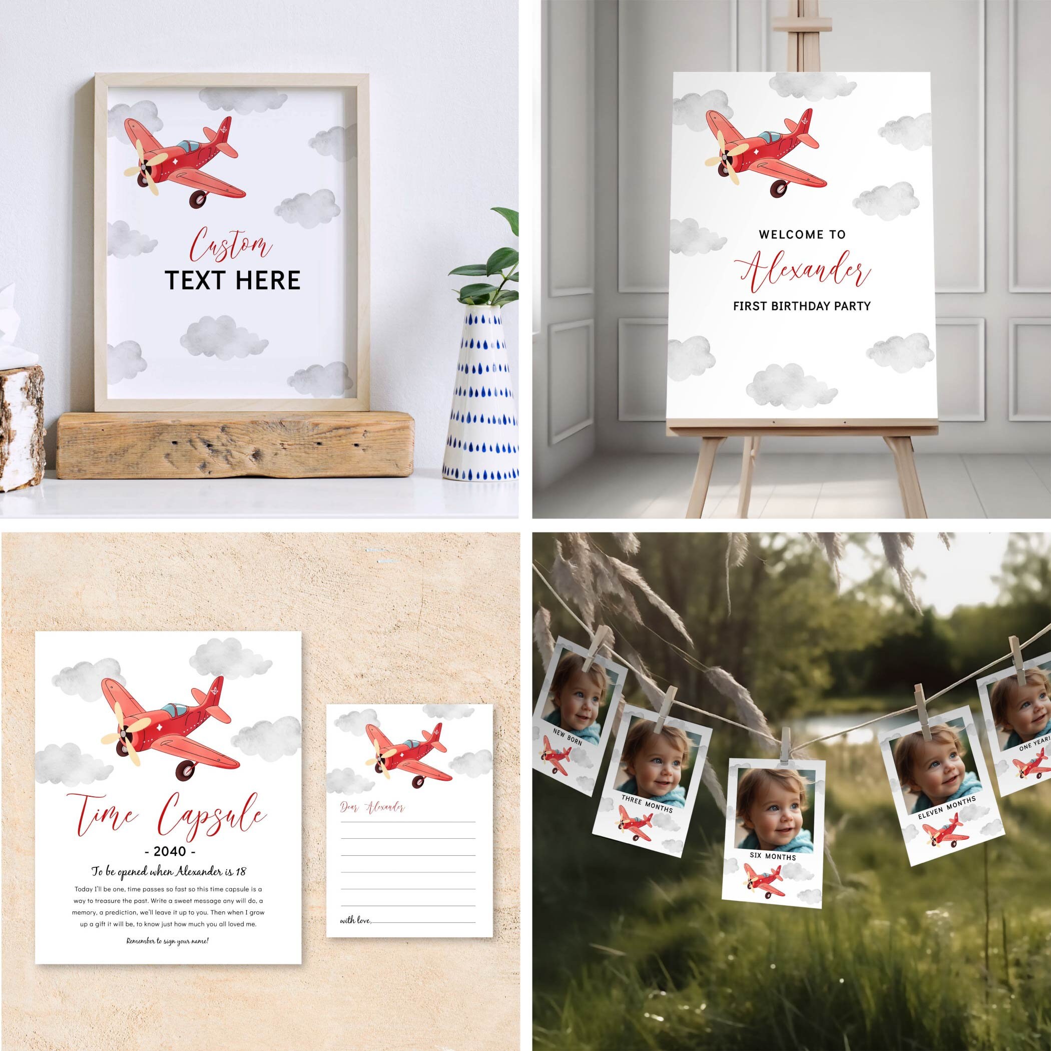 Editable Red Airplane Welcome Sign Template, Modern Airplane Birthday ...