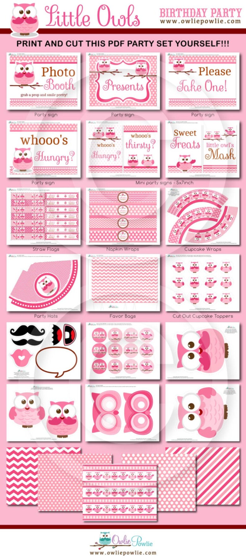 Pink Owl BIRTHDAY Party Printable Package & Invitation, owl birthday decoration, look whoos one, look whoo's turning one, owl party decor image 10