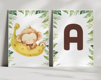 Editable Curious Monkey Birthday Banner, Jungle safari Birthday Decorations, monkey boy first party, lets go bananas, Instant Download corjl