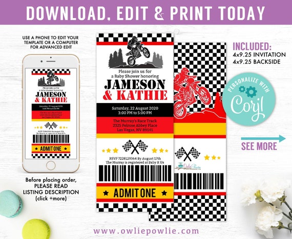 Dirt Bike Invitation, EDITABLE Baby shower ticket pass invitation, sport invitation, motorcycle invites, Instant download Printable Digital Il_570xn