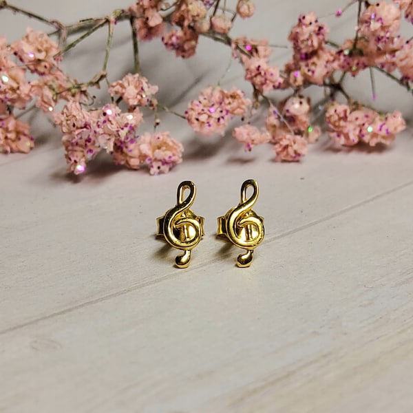 Clef stud earrings 925 silver, gold plated, sterling silver, silver stud earrings, 24kt gold plating