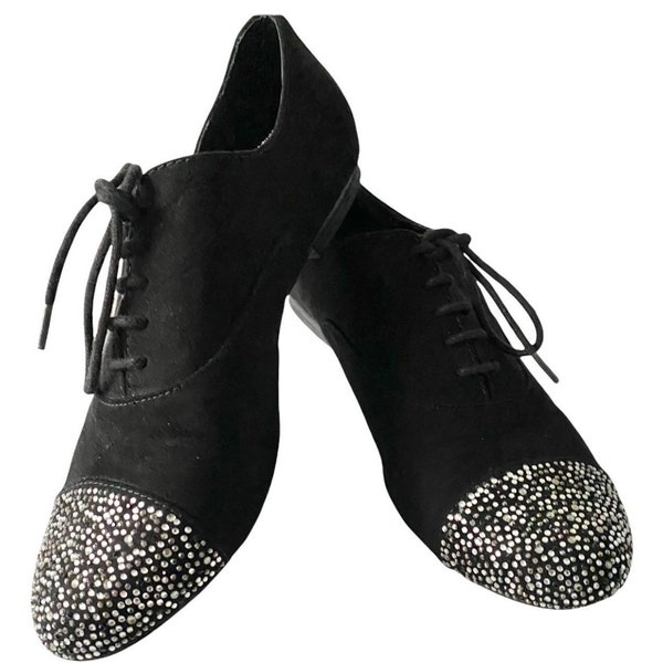 Gianni Bini 7M Black Lace up sparkle rhinestone fronts oxford flats