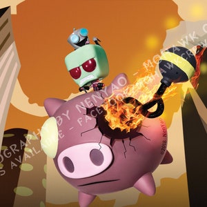 May include: A digital art print featuring a green alien character with red eyes and a small robot riding a pink piggy bank. The piggy bank is being blasted with fire from a black and yellow device. The background shows a cityscape.