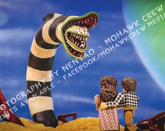 18x12 inch Glossy Poster Print - Beetlejuice Barbara and Adam with Hand Sculpted Sandworm Minimate Movie Scene Action Figure Toy Photography
