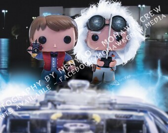18x12 inch Glossy Poster Print Back to the Future: Marty McFly and Doctor Emmett Brown with Delorean Funko Pop Action Figure Toy Photography