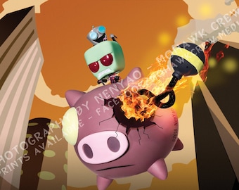 18x12 inch Glossy Poster Print - Invader Zim - Attack of the Saucer Morons Gir Flying Piggy Cartoon Funko Pop Action Figure Toy Photography