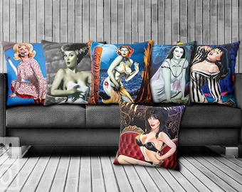 Faux Suede Pillow - Original Horror Inspired Sexy Pin Up Art - Zombie Hula, Bride Frankenstein, Elvira, Munster, Mars Attacks, Beetlejuice