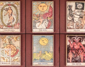 Tarot Card Wall Art - Major Arcana - Vintage Distressed 12x8 inch Pine Wood Canvas Hanging - Hand Burned Edge - Spiritual Gift