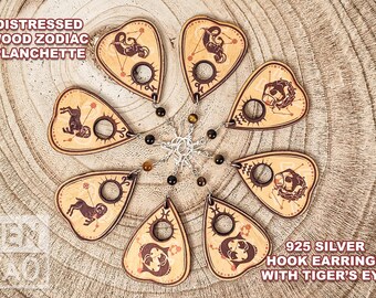Zodiac Planchette Wood Earrings | Hand Crafted | Inspired by Ouija & Constellations | 925 Silver Hook | Tigers Eye Crystal Gemstone Beads