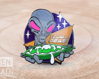 Enamel Pin Metallic Gray Alien "I Cum in Peas" Adult Humor Funny Gag Gift Hard Enamel Lapel Pin - Exclusive Mohawk Crew Original Art | Peace