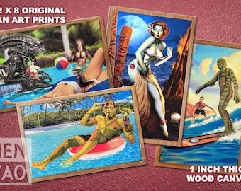 Monster&#39;s on Vacation - Original Vintage Inspired Wood Canvas Prints Frankenstein, Creature Black Lagoon, Alien Xenomorph, Zombie Hula Ghoul