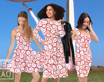 Women&#39;s Red Swirl Dress Inspired by Mars Attacks Printed Stretch Fabric Apparel - Long Sleeve, Circle Skirt, Fitted Cosplay Halloween Outfit