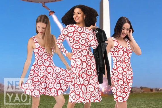 mars attacks red dress Women's Red Swirl Dress Inspired by Mars Attacks Printed Stretch Fabric  Apparel - Long Sleeve, Circle Skirt, Fitted Cosplay Halloween Outfit
