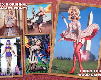 Vintage Inspired Pin Up Wood Canvas Print Mars Attacks Alien, Beetlejuice Lydia Deetz, Tank Girl, Misty Quigley Yellowjackets, Frankenhooker