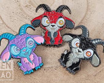 Soft Enamel Pin Evil Goat - Creepy Cute Kawaii Style Original Art Lapel Pinback Collectible - Exclusive Synthwave Rainbow Plated Variant