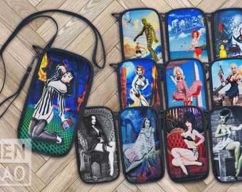 Wallet Purse Original Artwork Horror Print Elvira, Lily Munster, Bride Frankenstein, Mars Attacks, Beetlejuice, Zombie Hula Girl, Tank Girl