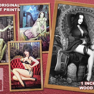 Vintage Inspired Horror Pin Up Print Wood Canvas | Original Sexy Morticia Addams, Elvira Mistress of Dark, Lily Munster, Bride Frankenstein