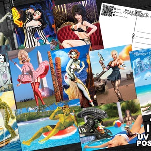 Carte postale oeuvre originale impression horreur Elvira, Munster, mariée Frankenstein, Mars Attacks, Beetlejuice, Zombie, Tank Girl, Xenomorph Alien