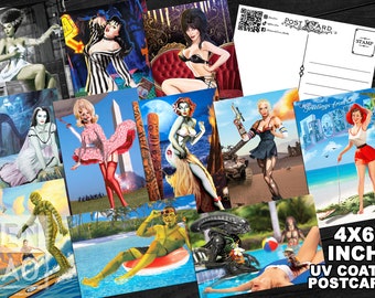 Postcard Original Artwork Horror Print Elvira, Munster, Bride Frankenstein, Mars Attacks, Beetlejuice, Zombie, Tank Girl, Xenomorph Alien