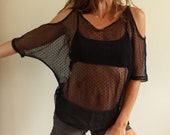 Black polka dot open shoulder tulle top