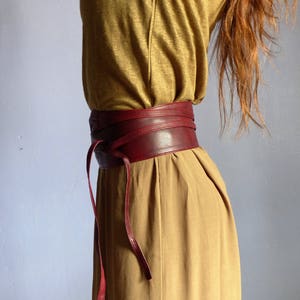 Wide obi belt for women to tie, soft burgundy leather, secret pocket