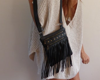 Small handbag with black leather fringe, shoulder strap, studded details, small pockets, festival style