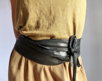 Ceinture obi large femme ,à nouer ,en cuir souple noir,poche intérieure secrète